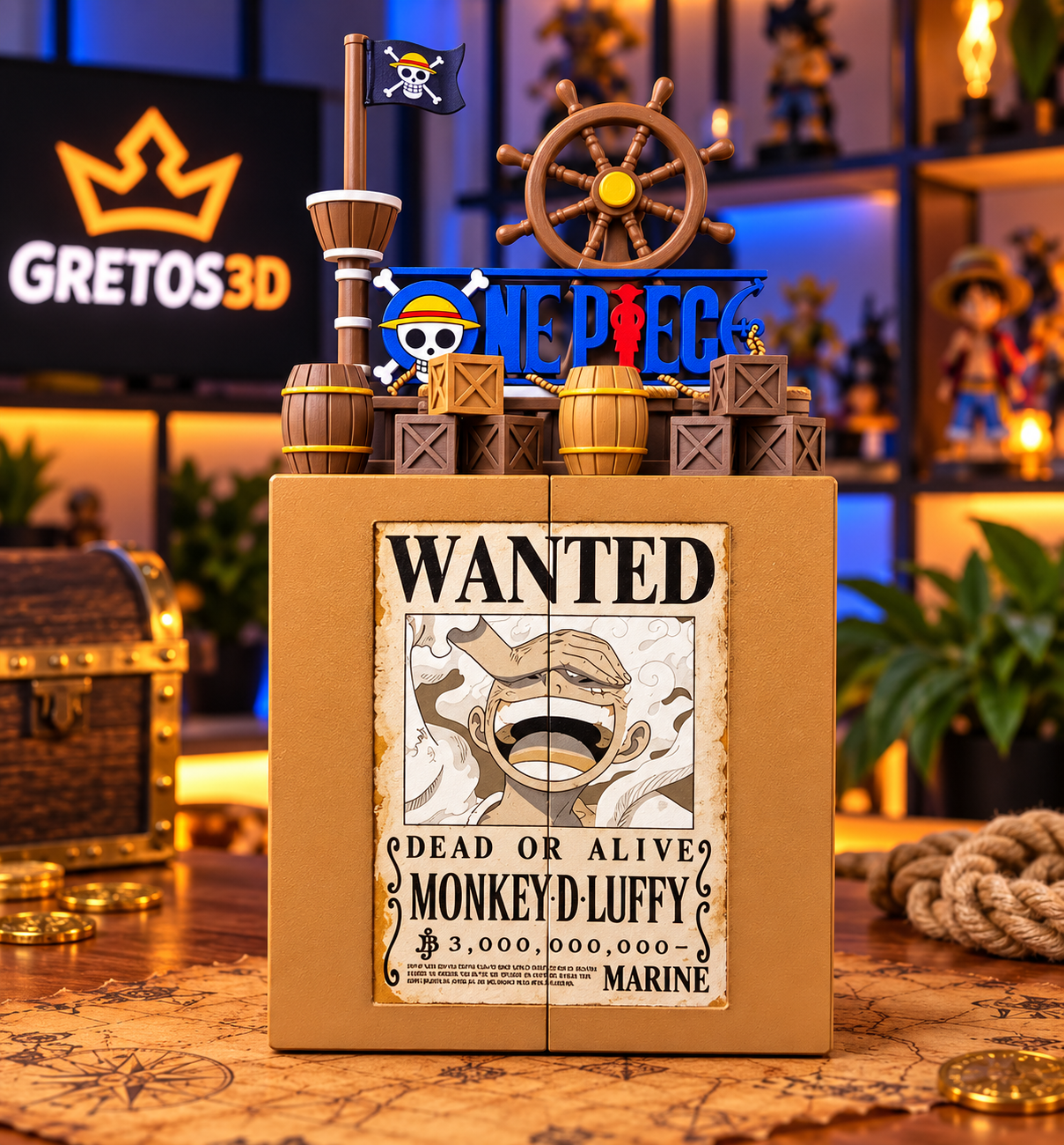 Expositor One Piece cerrado con cartel de Luffy