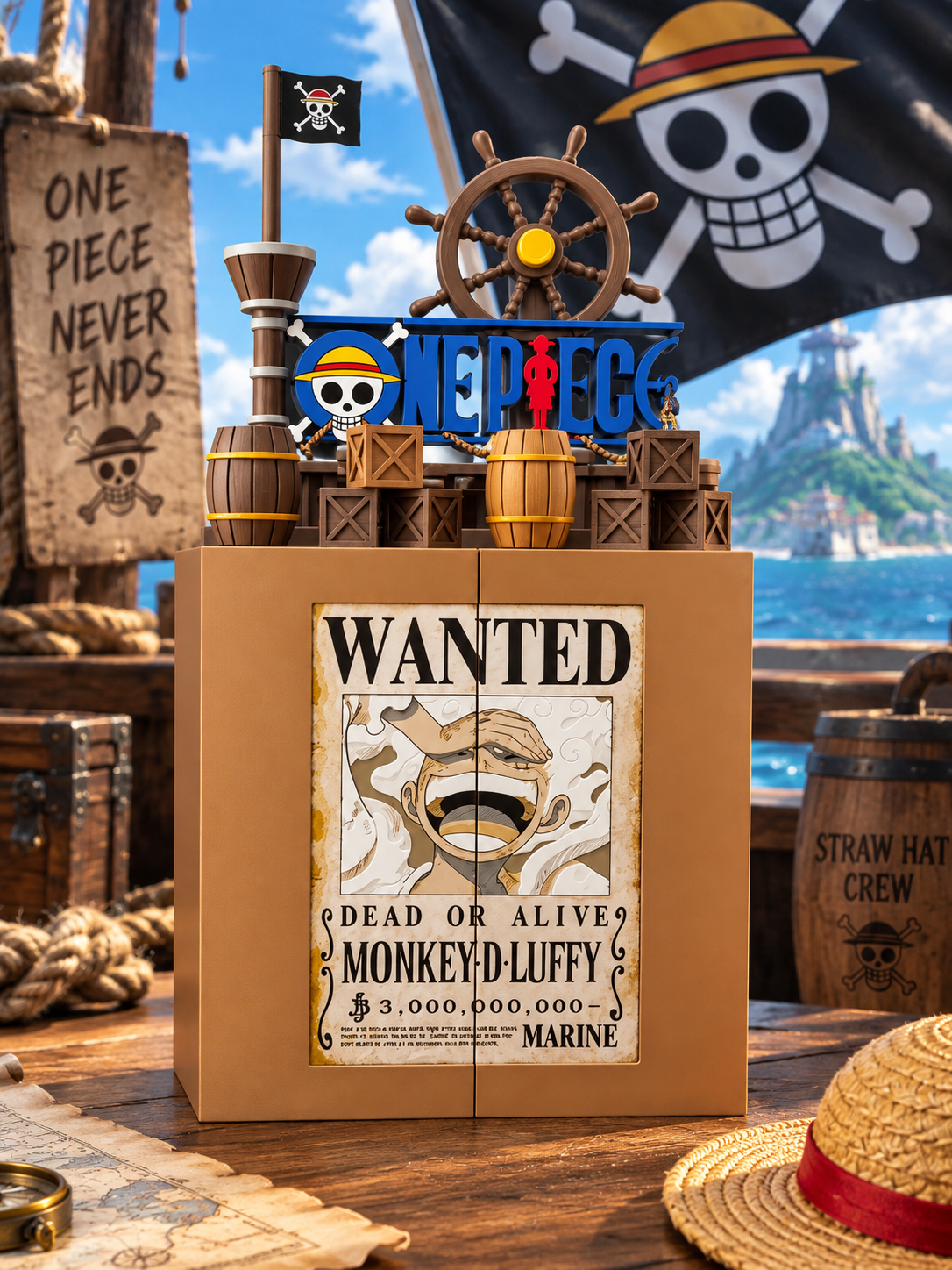 Expositor One Piece cerrado en ambientación pirata